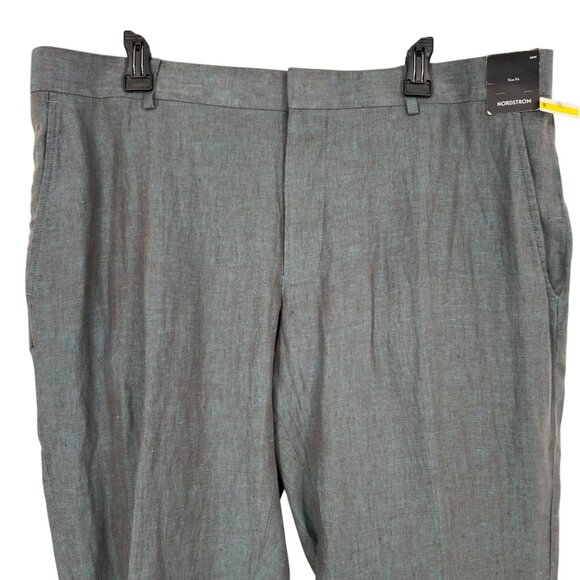 Nordstrom Trim Fit Linen Trousers Aqua Blue Gray Size 40 Waist NWT - Picture 2 of 14